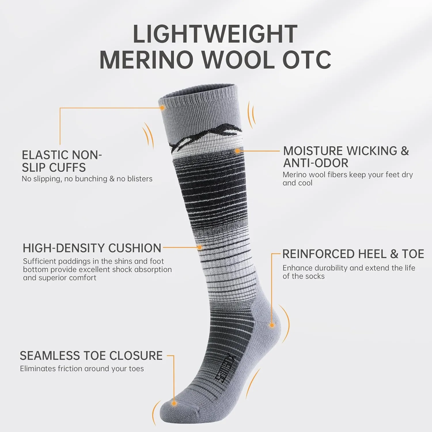SAMSOX 2-Pair Merino Wool Ski Socks, Made in USA Lightweight with Targeted Cushion, Skiing Socks for Men & Women (Skyland)