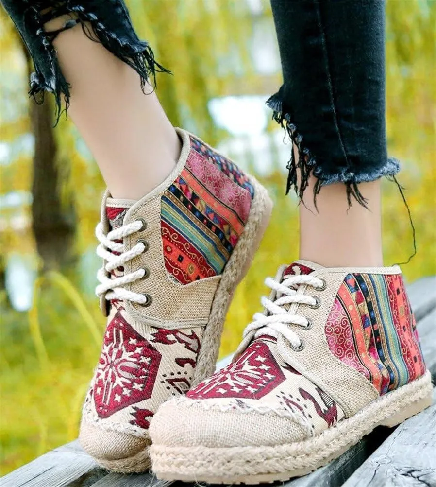 SATUKI Embroidered Shoes for Women, Chinese Style Lace-up Handmade Casual Loafer Floral Flat Shoes