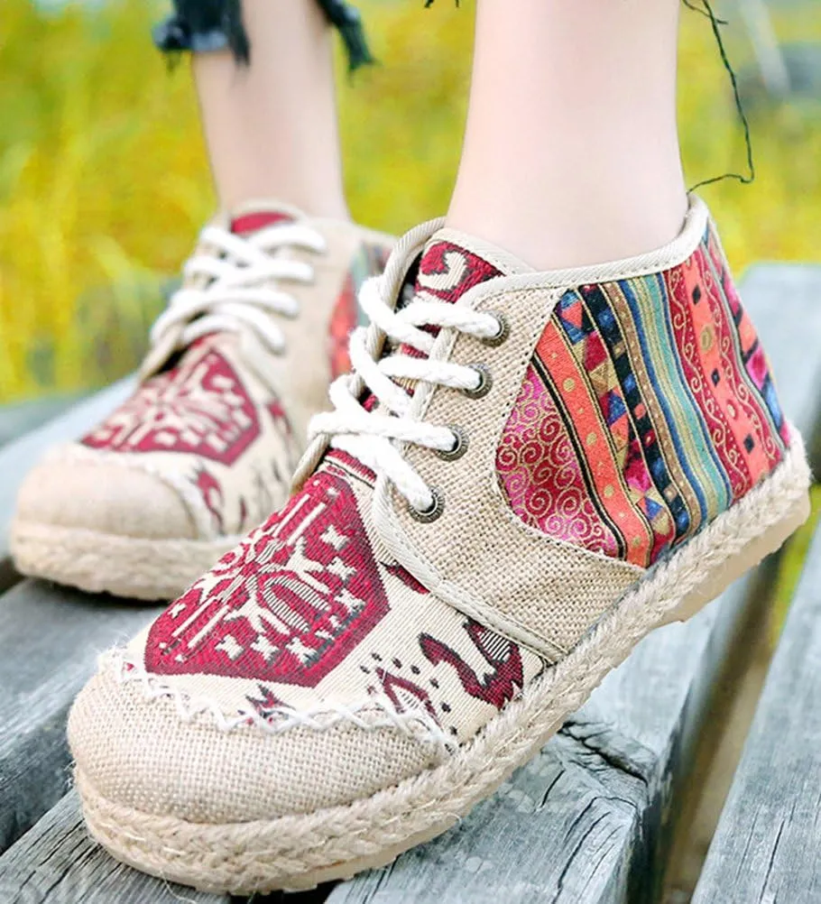 SATUKI Embroidered Shoes for Women, Chinese Style Lace-up Handmade Casual Loafer Floral Flat Shoes
