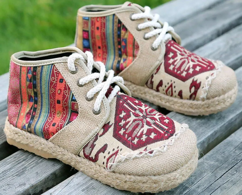 SATUKI Embroidered Shoes for Women, Chinese Style Lace-up Handmade Casual Loafer Floral Flat Shoes