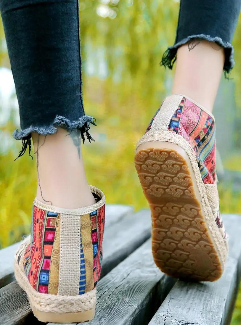 SATUKI Embroidered Shoes for Women, Chinese Style Lace-up Handmade Casual Loafer Floral Flat Shoes