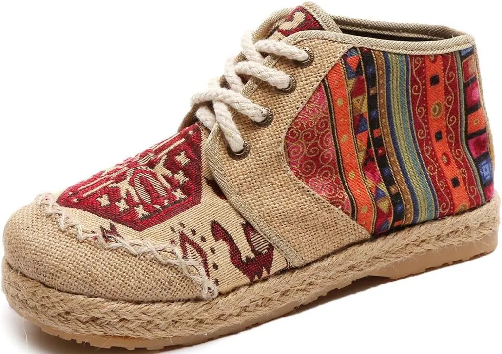 SATUKI Embroidered Shoes for Women, Chinese Style Lace-up Handmade Casual Loafer Floral Flat Shoes