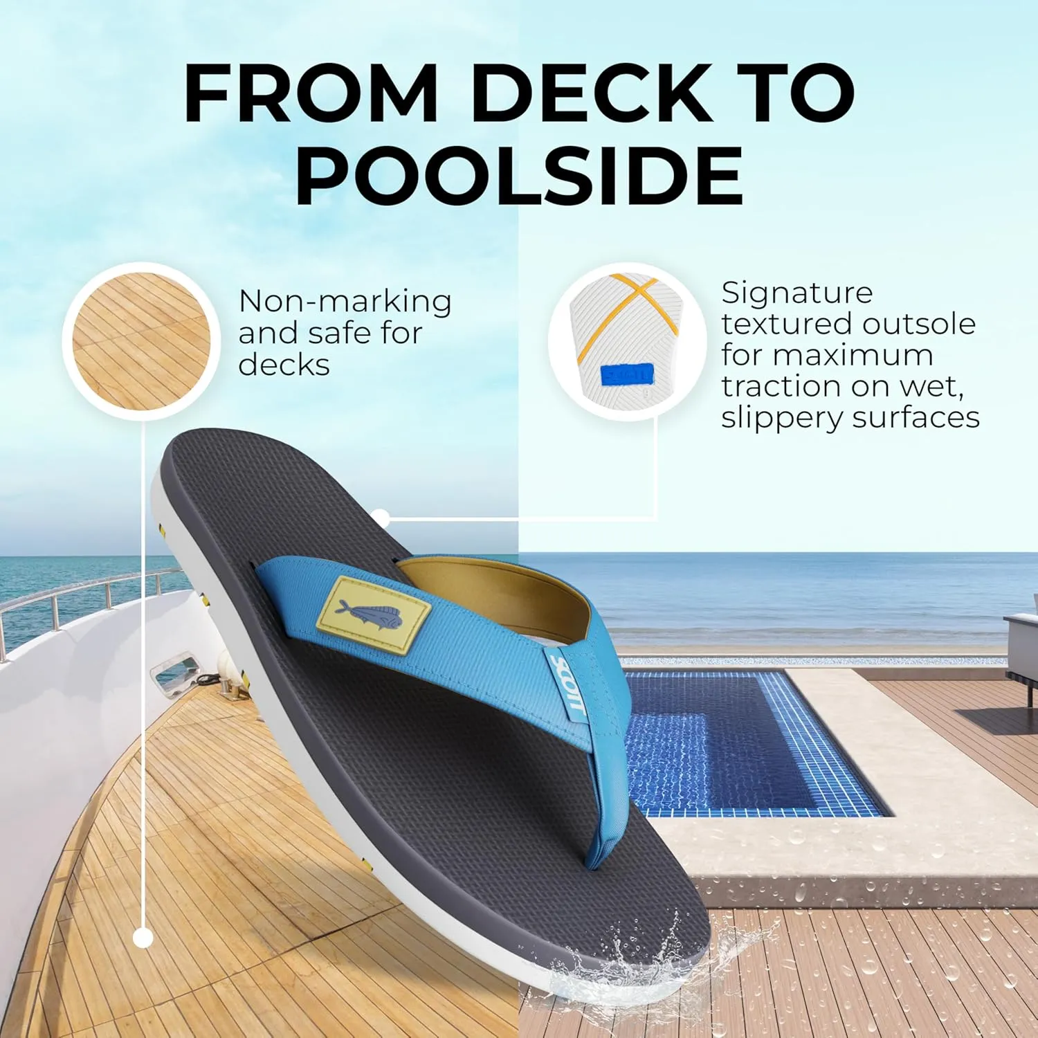 Scott Hawaii Men's Hanapa'a Sandal | Fish Flag Design | Neoprene Lined Strap | Molded Outsole With Arch Suport And Heel Cup | Non-marking No-slip | Marine And Boat Friendly Flip Flop