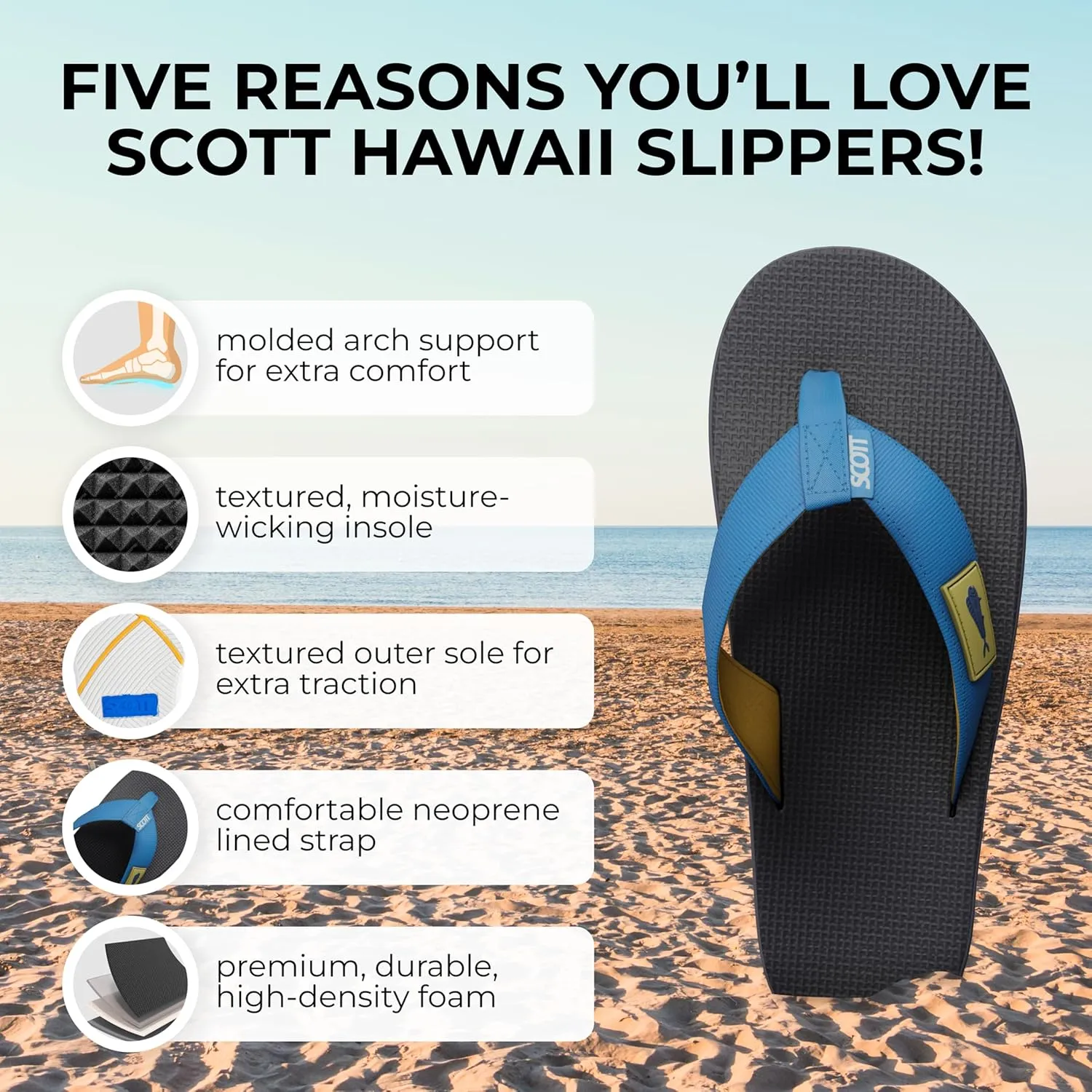 Scott Hawaii Men's Hanapa'a Sandal | Fish Flag Design | Neoprene Lined Strap | Molded Outsole With Arch Suport And Heel Cup | Non-marking No-slip | Marine And Boat Friendly Flip Flop