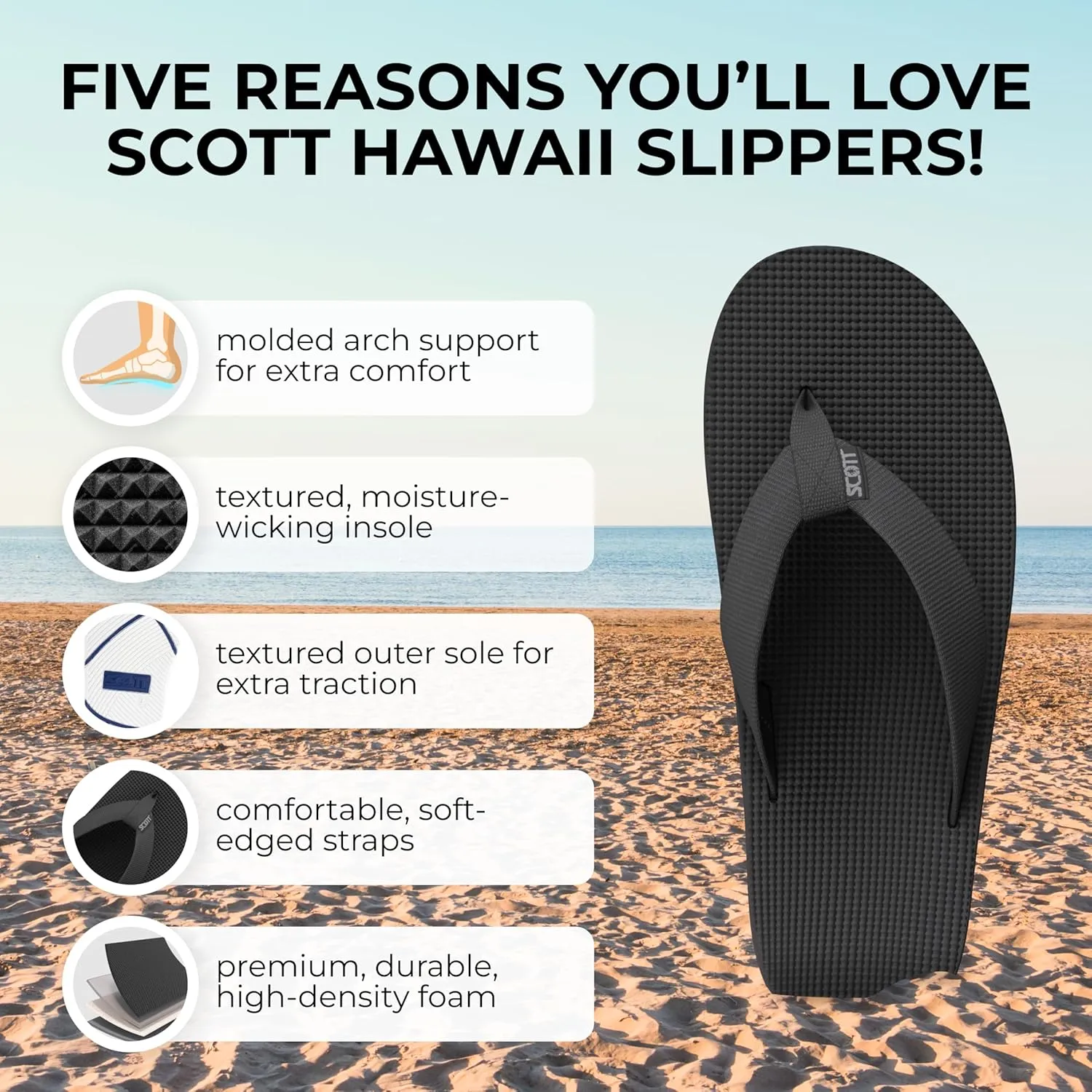 Scott Hawaii Men's Hokulea Sandal | Tubular Nylon Strap Rolls Against Skin | Molded Outolse With Arch Support And Heel Cup | Non-Marking No-Slip | Marine And Boat Friendly Flip Flop