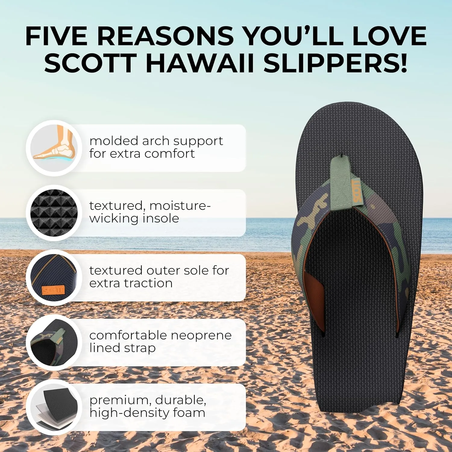 Scott Hawaii Men's Kaikane Sandal | Nylon Strap with Neoprene Lining | Molded Rubber Outsole with Arch Support and Heel Cup | Podiatrist Recommended
