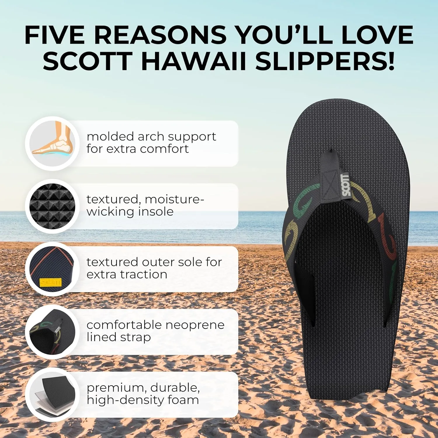 Scott Hawaii Men's Kaikane Sandal | Nylon Strap with Neoprene Lining | Molded Rubber Outsole with Arch Support and Heel Cup | Podiatrist Recommended
