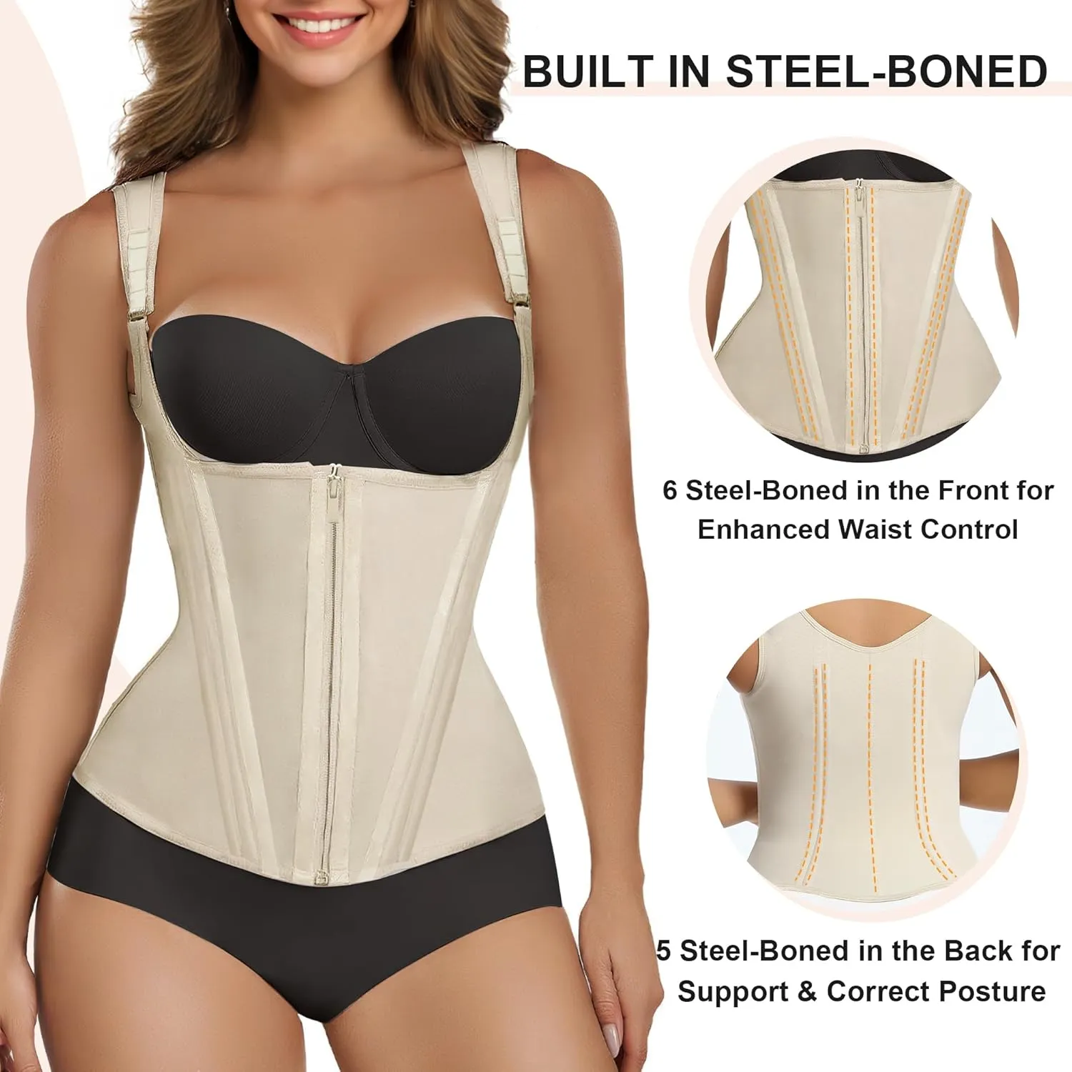 SHAPERX Women's Waist Trainer Tummy Control Body Shaper Waist Cincher Corset With Zipper and Hooks