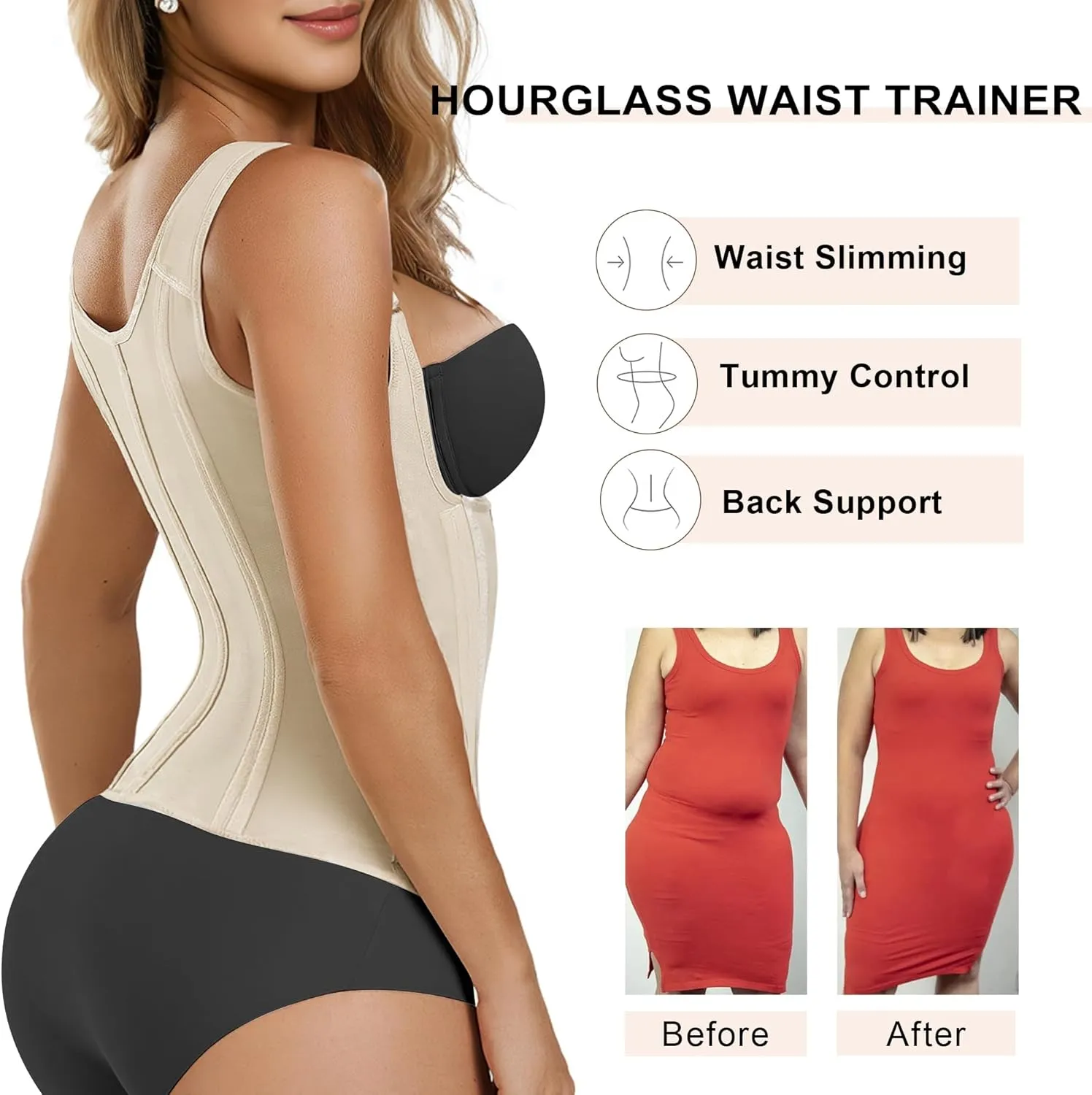 SHAPERX Women's Waist Trainer Tummy Control Body Shaper Waist Cincher Corset With Zipper and Hooks