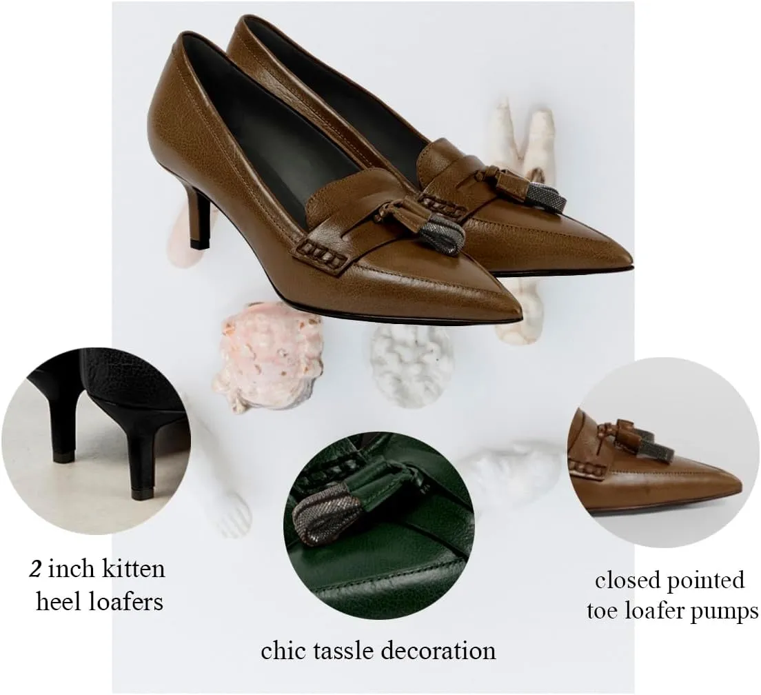 SHODENSE Women Kitten Heel Loafers Tassel Pointed Toe Loafer Pumps Slip On Dress Kitten Heels Penny Loafers Fringe Matte Vintage Office Loafer Heels 2 inch 4-11 M US