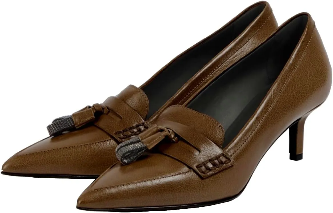 SHODENSE Women Kitten Heel Loafers Tassel Pointed Toe Loafer Pumps Slip On Dress Kitten Heels Penny Loafers Fringe Matte Vintage Office Loafer Heels 2 inch 4-11 M US