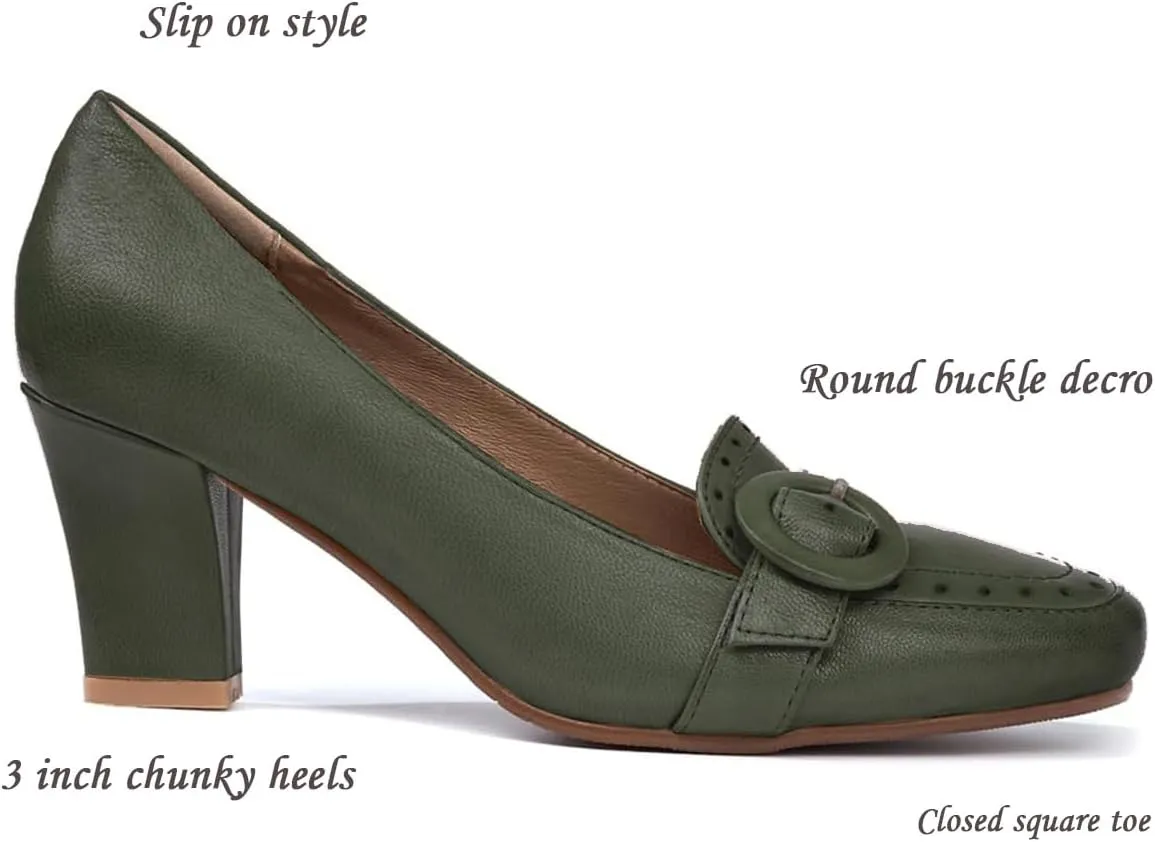 SHODENSE Women Vintage Chunky Block Heel Loafers Square Toe Loafer Pumps 3 inch Block Heeled Dress Shoes Perforated Penny Loafers Buckle Strap Comfortable Office Ladies 4-11 M US