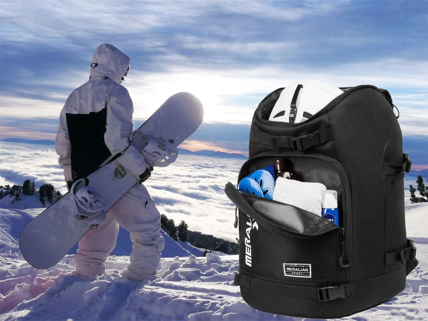 Ski Boot Bag - 50L Ski Boot Travel Backpack Waterproof Snowboard Boot Backpack for Travel Stores Gear Including Helmet, Goggles and Outerwear.