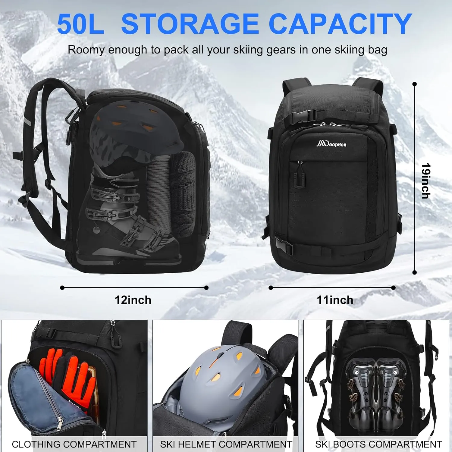 Ski Boot Bag, 50L/60L Waterproof Travel Backpack for Ski Boots, Helmet, Goggles, Gloves, Apparel & Skiing Gear Accessories, Ski Boot Backpack for Men,Women and Youth