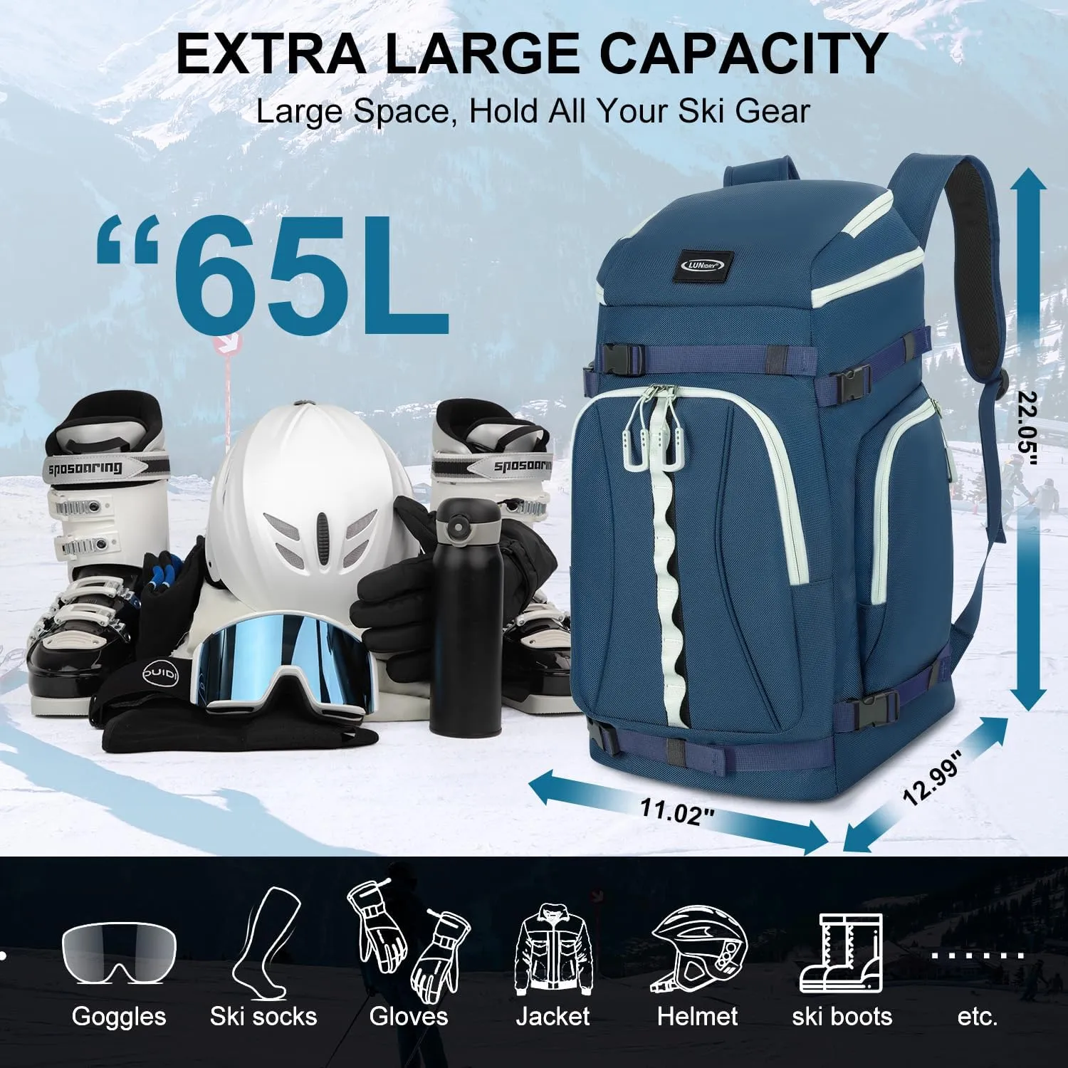 Ski Boot Bag, 65L Waterproof Ski Bag & Snowboard Boot Bag, Travel Backpack for Skis Snowboard Helmet Goggles & Accessories