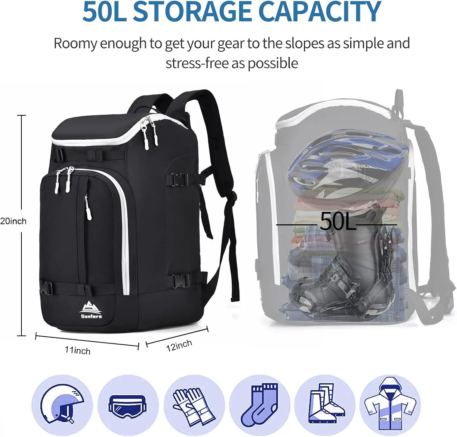 Ski Boot Bag Black Cooler Backpack 50L Waterproof Snowboard Travel Luggage Snow Bags for Youth Men Ski Helmet Goggles Gloves Skiing Gear Accessories
