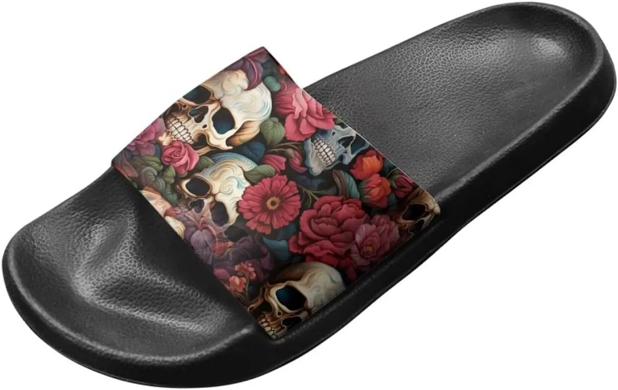 Skull Rose Sandals for Women Gothic Slippers Open Toe Slides Beach Shower Flip-Flops EVA Sole Lightweight