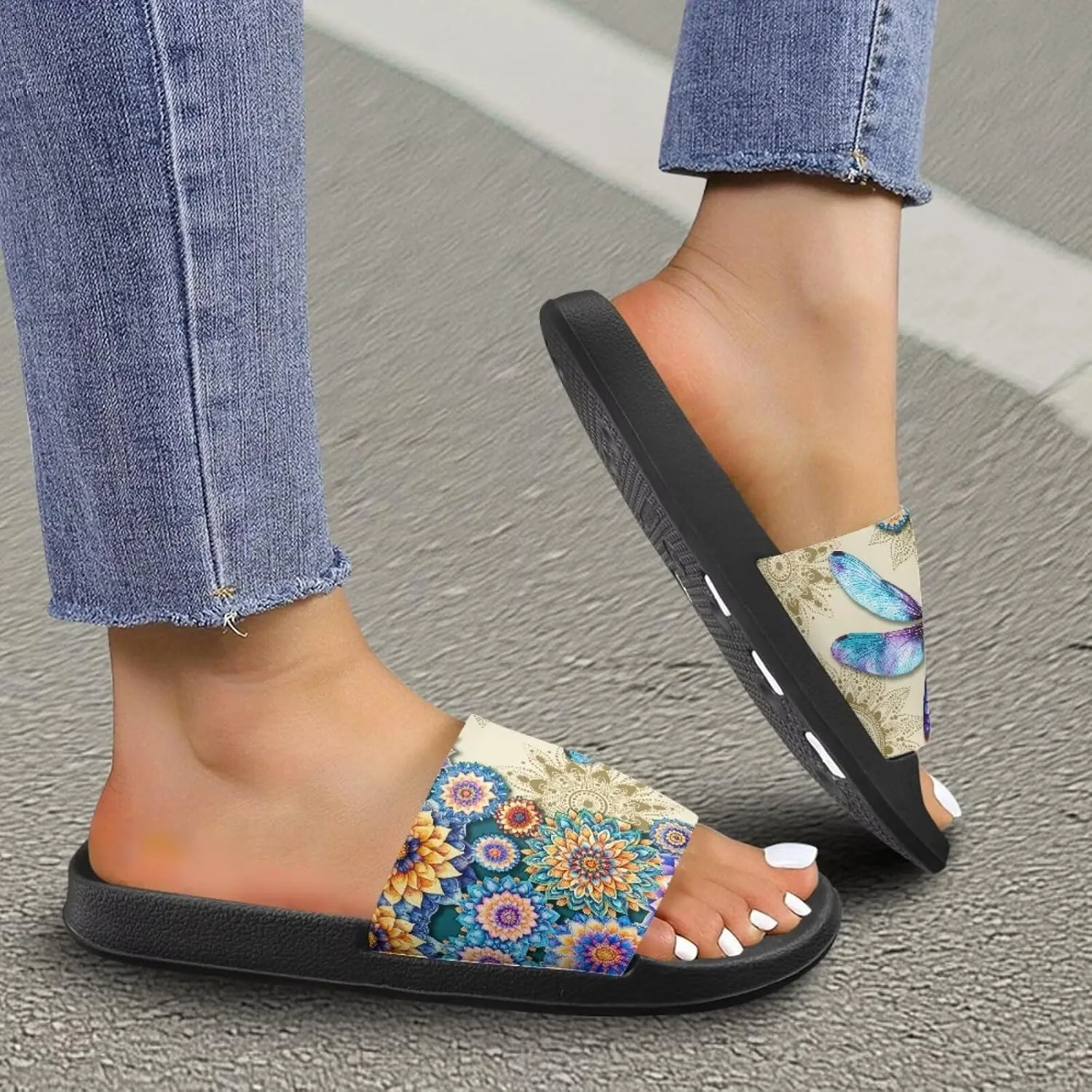 Skull Rose Sandals for Women Gothic Slippers Open Toe Slides Beach Shower Flip-Flops EVA Sole Lightweight
