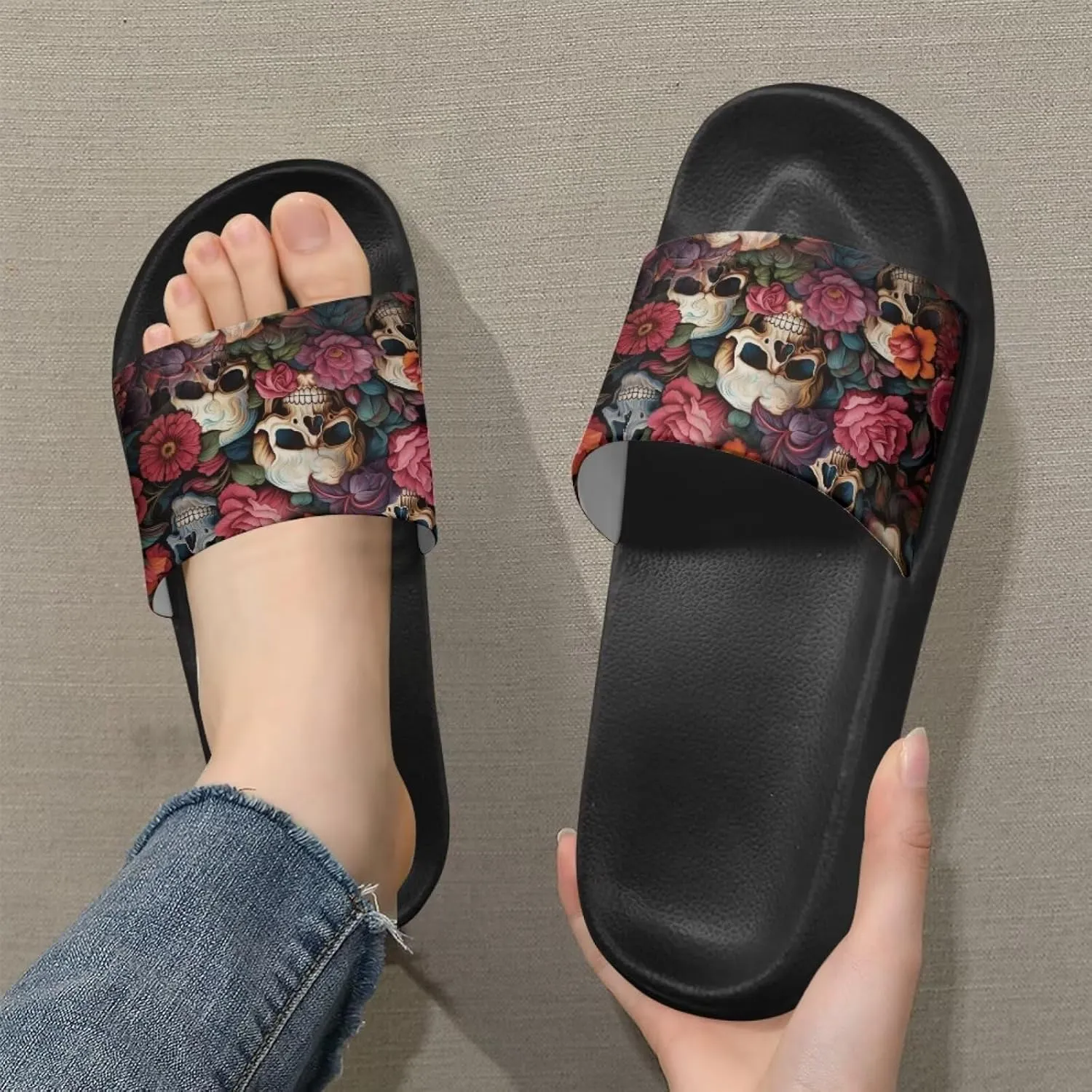 Skull Rose Sandals for Women Gothic Slippers Open Toe Slides Beach Shower Flip-Flops EVA Sole Lightweight