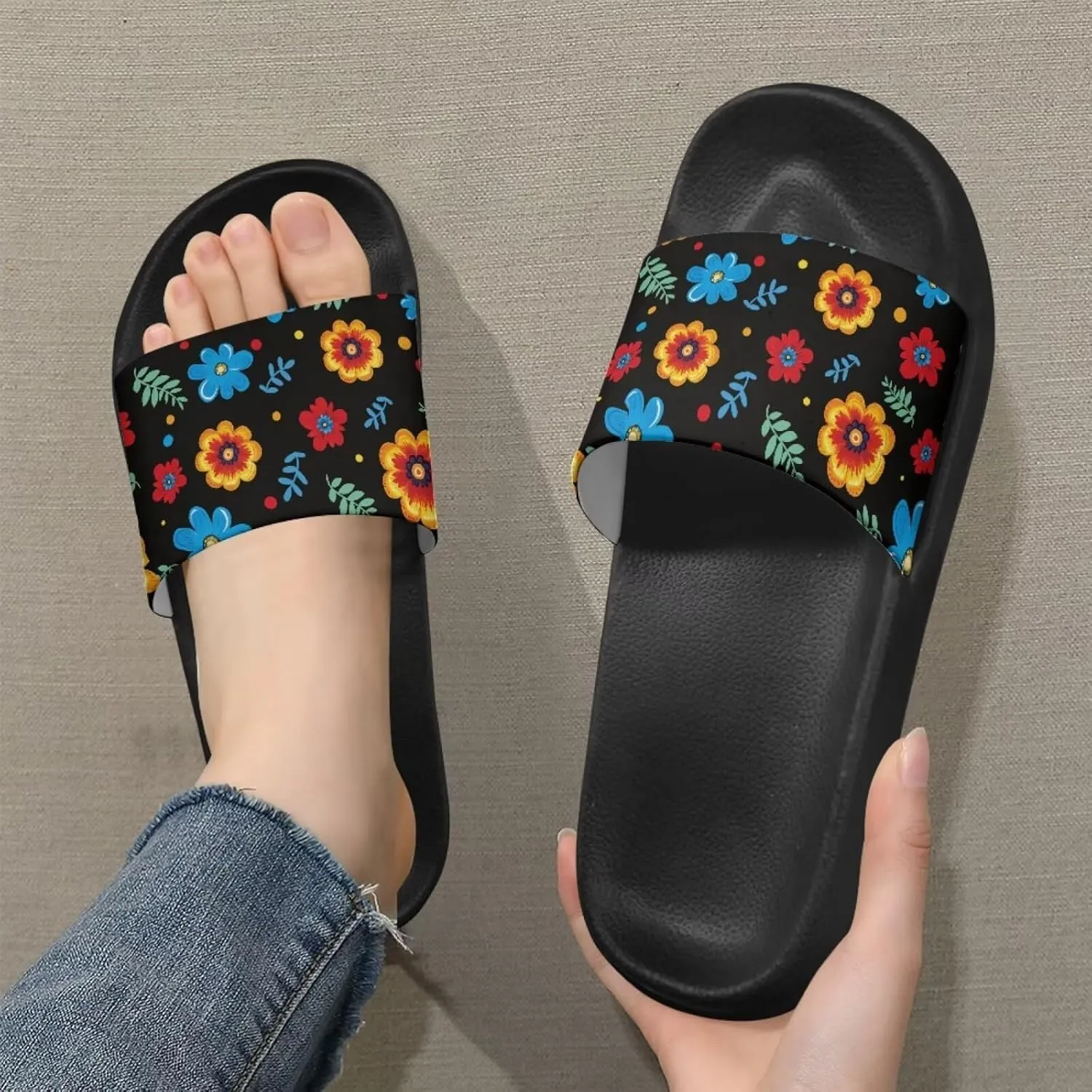 Skull Rose Sandals for Women Gothic Slippers Open Toe Slides Beach Shower Flip-Flops EVA Sole Lightweight