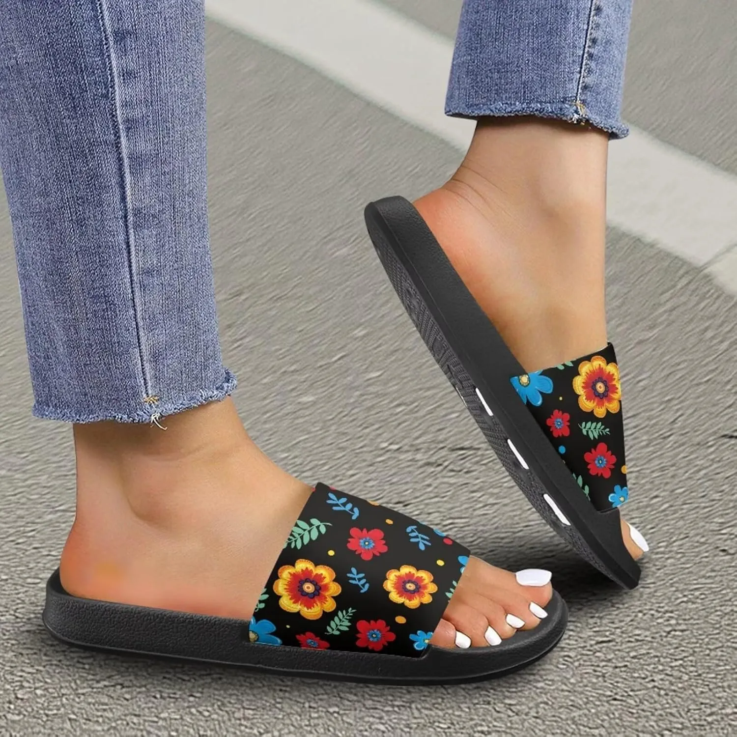 Skull Rose Sandals for Women Gothic Slippers Open Toe Slides Beach Shower Flip-Flops EVA Sole Lightweight