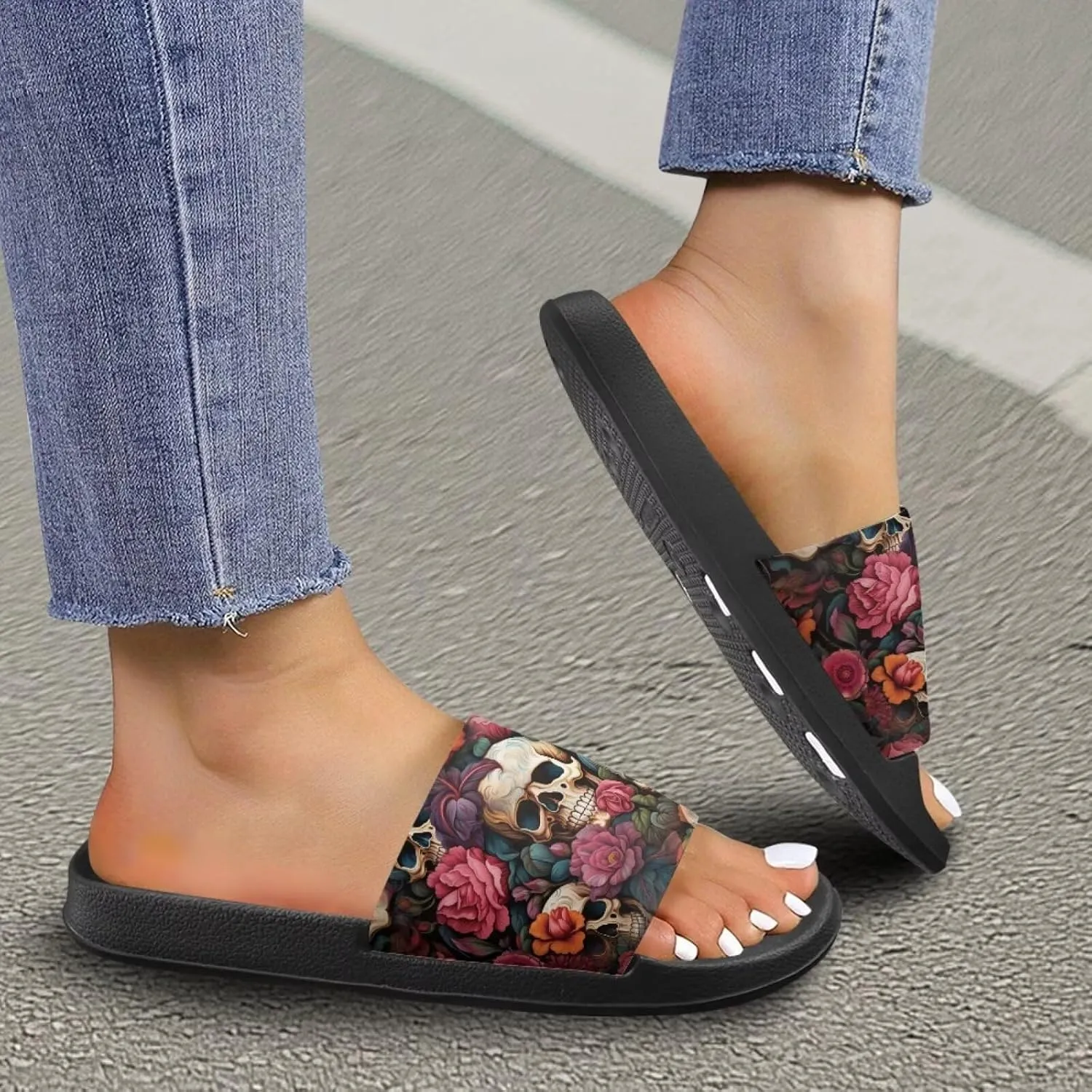 Skull Rose Sandals for Women Gothic Slippers Open Toe Slides Beach Shower Flip-Flops EVA Sole Lightweight