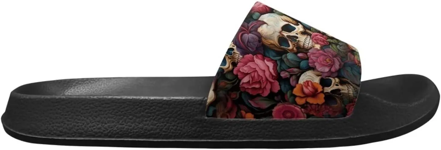Skull Rose Sandals for Women Gothic Slippers Open Toe Slides Beach Shower Flip-Flops EVA Sole Lightweight