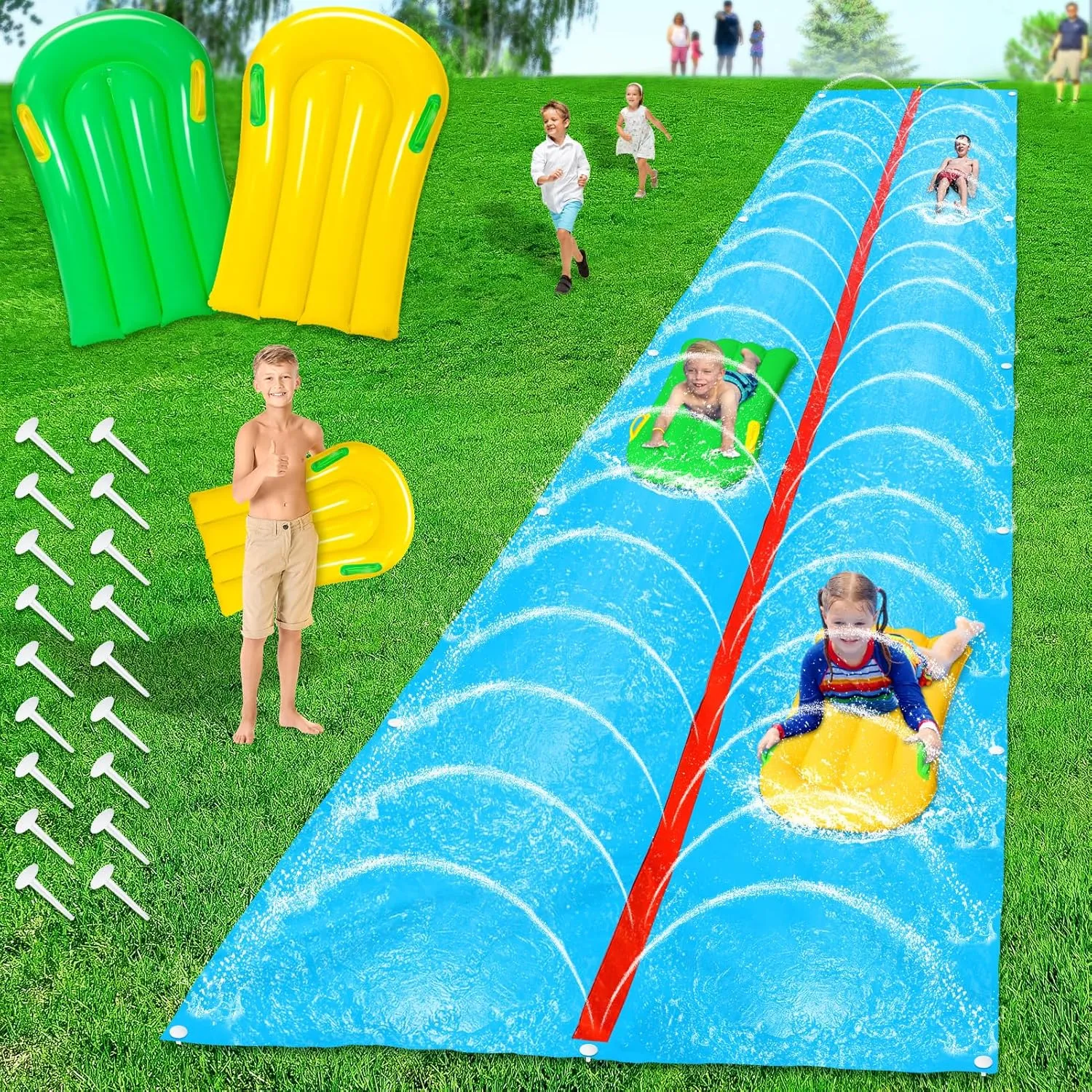 Slip and Slide, 30ft x 6ft Lawn Water Slip n Slide with 2 Inflatable Boards, Double Lane Water Slides with Build in Sprinkler for Big Kids Ages 8-12 and Abults, Outdoor Backyard Waterslide Play Toy