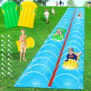 Slip and Slide, 30ft x 6ft Lawn Water Slip n Slide with 2 Inflatable Boards, Double Lane Water Slides with Build in Sprinkler for Big Kids Ages 8-12 and Abults, Outdoor Backyard Waterslide Play Toy