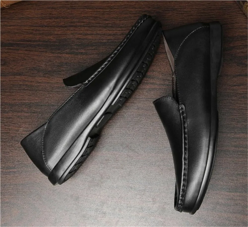 Solid Color Leather Round Toe Loafer Shoes Mens Lightweight Anti-Slip Comfortable Fashion Party Slip On
