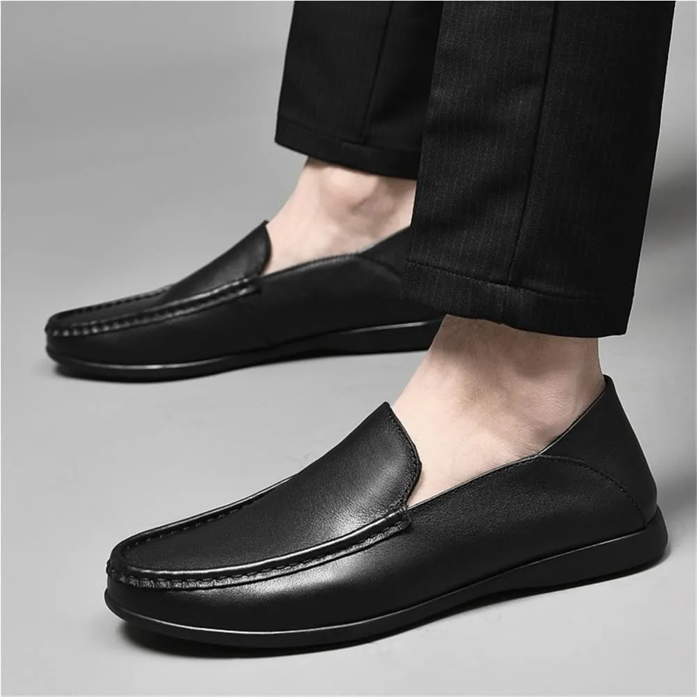 Solid Color Leather Round Toe Loafer Shoes Mens Lightweight Anti-Slip Comfortable Fashion Party Slip On