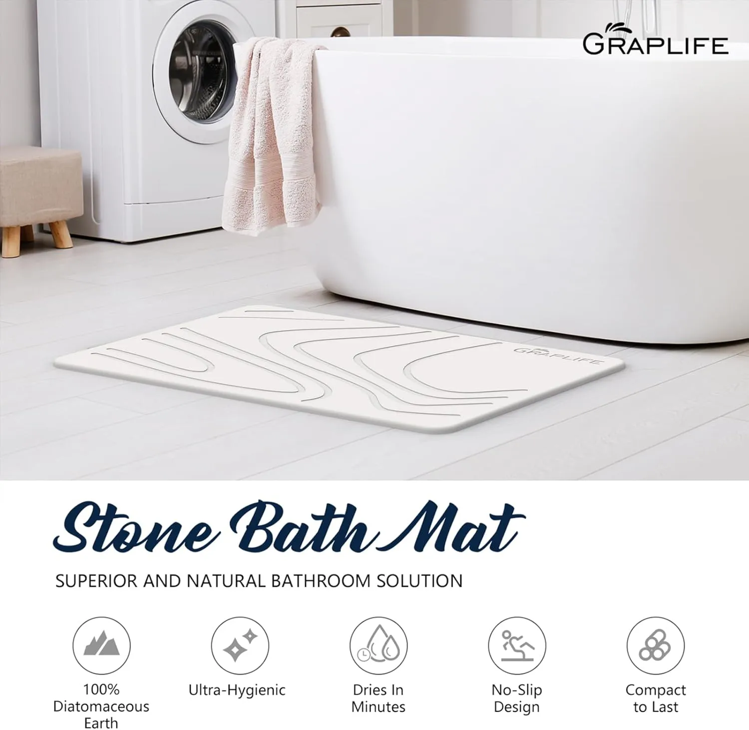 Stone Bath Mat, Diatomaceous Earth Shower Mat, Non-Slip Super Absorbent Quick Drying Bathroom Floor Mats, Natural, Easy to Clean (23.6 x 15.35 LightWhite)