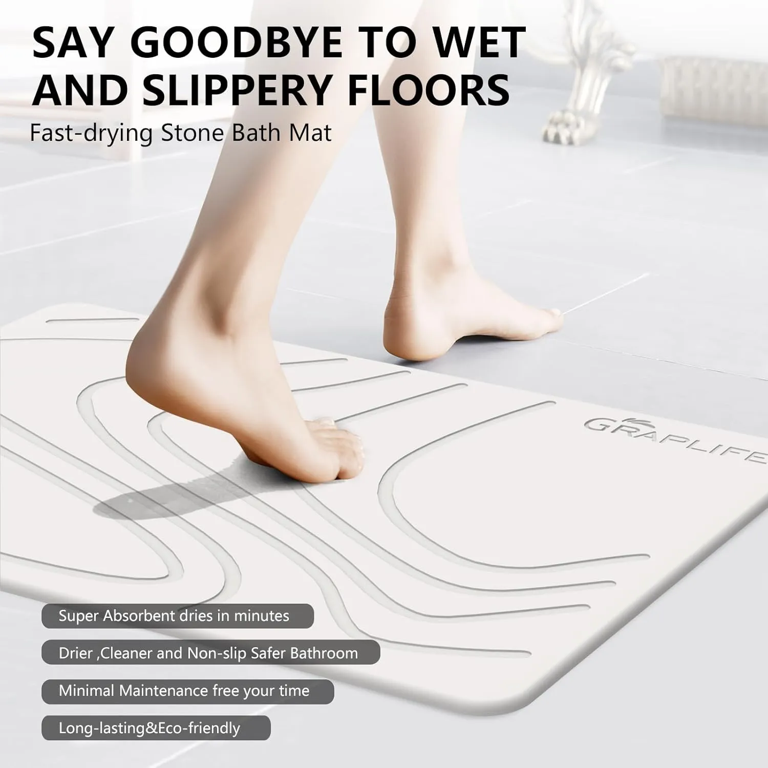 Stone Bath Mat, Diatomaceous Earth Shower Mat, Non-Slip Super Absorbent Quick Drying Bathroom Floor Mats, Natural, Easy to Clean (23.6 x 15.35 LightWhite)