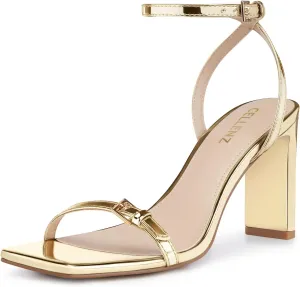 Strappy Women High Heels: 3.4 Inch Sexy Wide Heel Sandals, Square Open Toe Heeled, Comfortable Prom Party Wedding Shoes