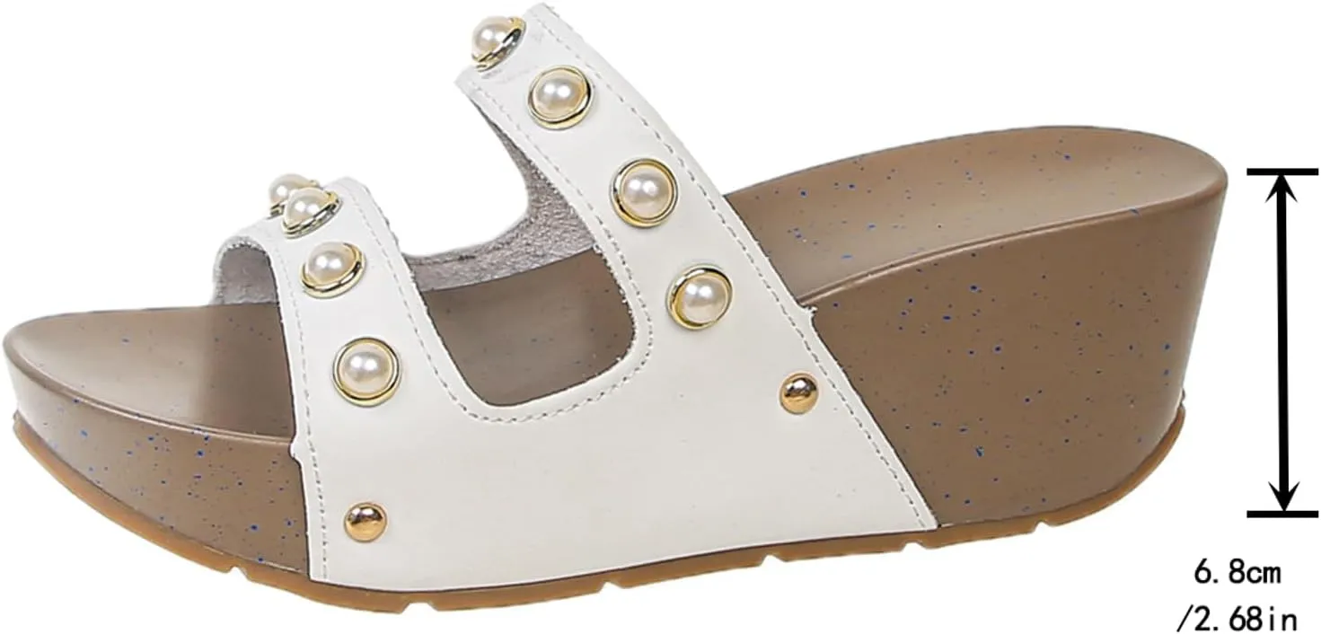 SuanlaTDS Wedge Sandals for Women 2025 Dressy Pearls Open Toe Backless Summer Slip-on Platform Slides Slippers Mules Comfortable Outdoor Wedding Bridal Evening Party Wedges High Heels Sandal