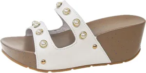 SuanlaTDS Wedge Sandals for Women 2025 Dressy Pearls Open Toe Backless Summer Slip-on Platform Slides Slippers Mules Comfortable Outdoor Wedding Bridal Evening Party Wedges High Heels Sandal