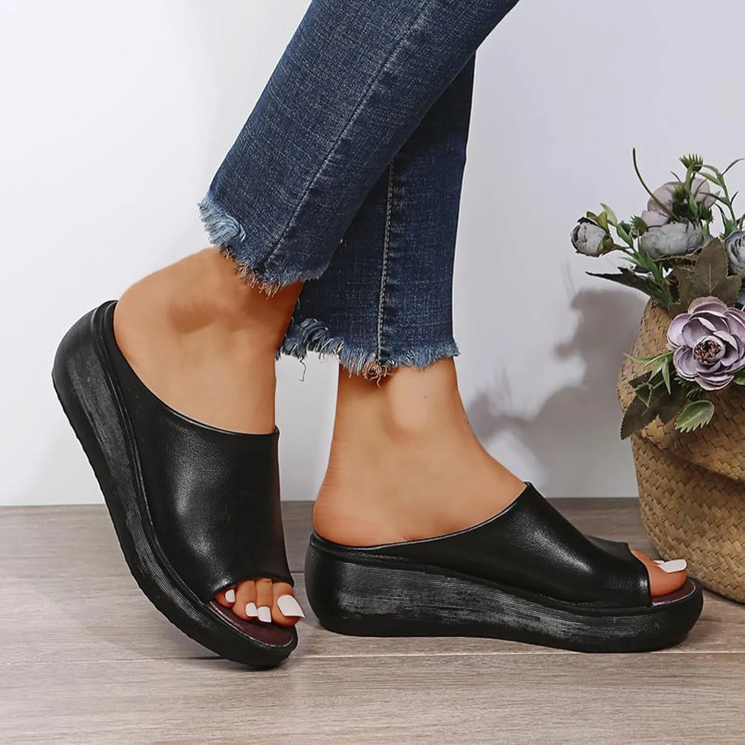 Summer Comfortable Orthotic Leather Wedges Slides,Dressy Platform Heel Arch Support Slip Sandals for Women