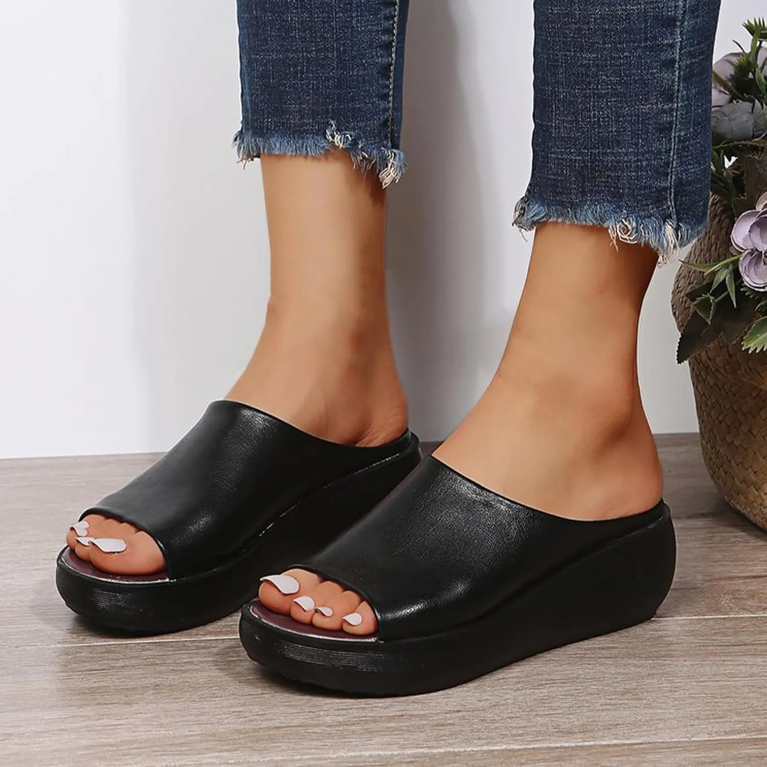 Summer Comfortable Orthotic Leather Wedges Slides,Dressy Platform Heel Arch Support Slip Sandals for Women