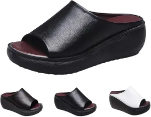 Summer Comfortable Orthotic Leather Wedges Slides,Dressy Platform Heel Arch Support Slip Sandals for Women