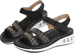 Summer Wedge Sandals for Women Dressy Casual Orthopedic Non Slip Sandals Fashion Rhinestone Bling Comfortable Walking Sandal for Summer and Daily Wear