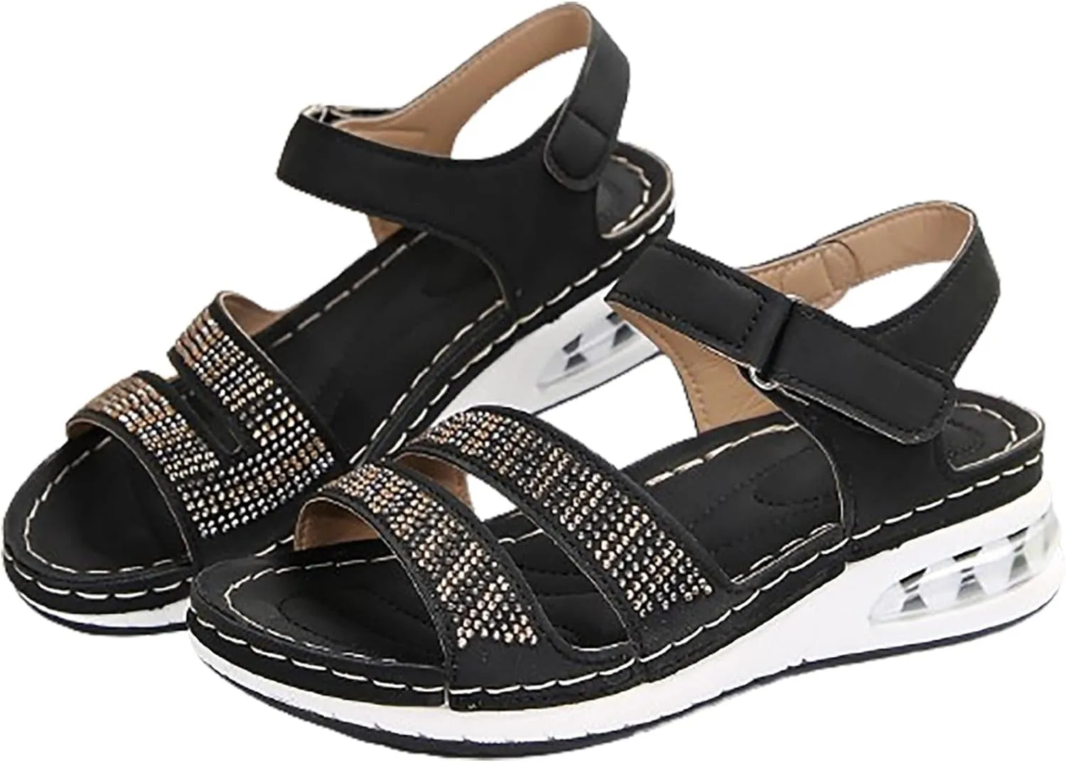 Summer Wedge Sandals for Women Dressy Casual Orthopedic Non Slip Sandals Fashion Rhinestone Bling Comfortable Walking Sandal for Summer and Daily Wear