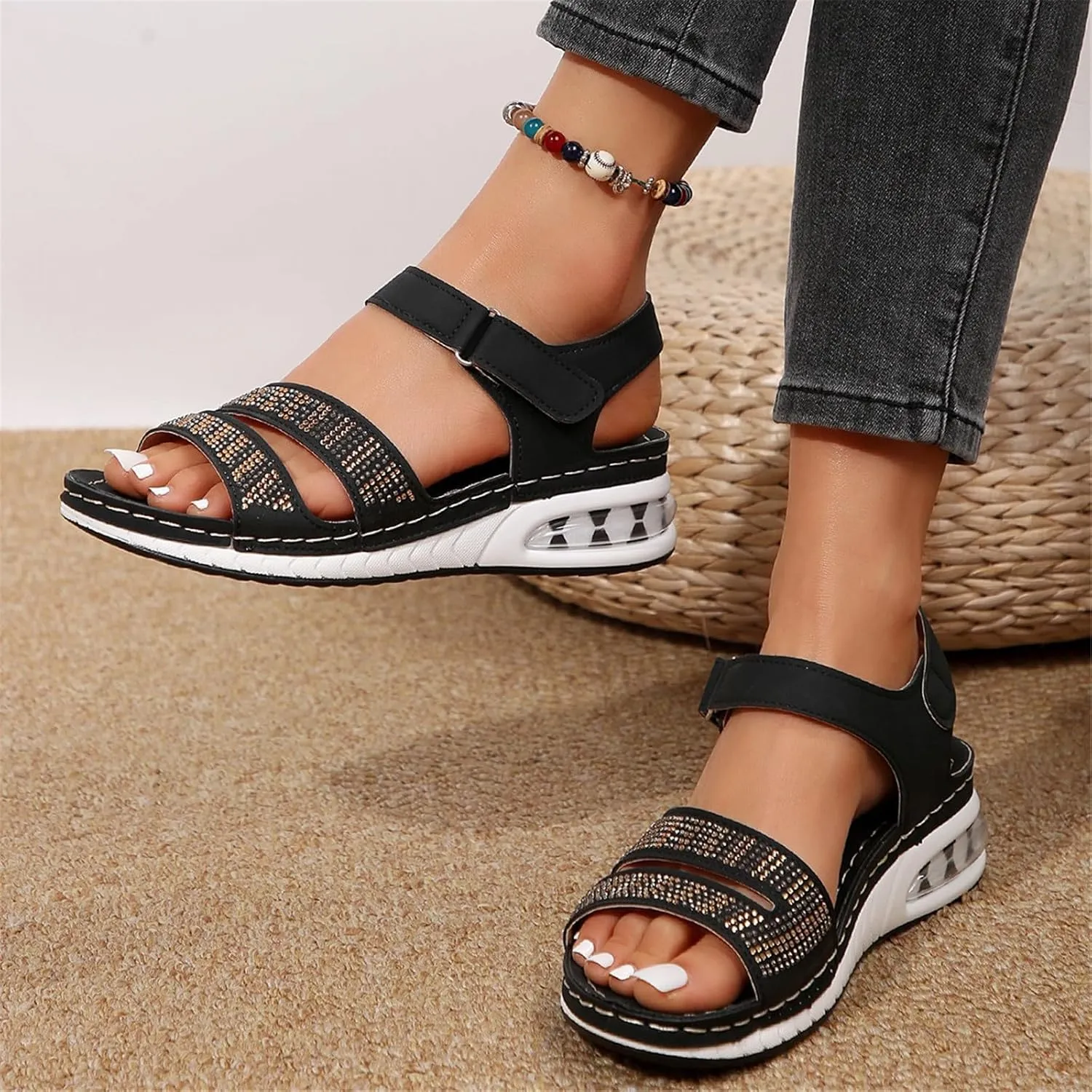 Summer Wedge Sandals for Women Dressy Casual Orthopedic Non Slip Sandals Fashion Rhinestone Bling Comfortable Walking Sandal for Summer and Daily Wear