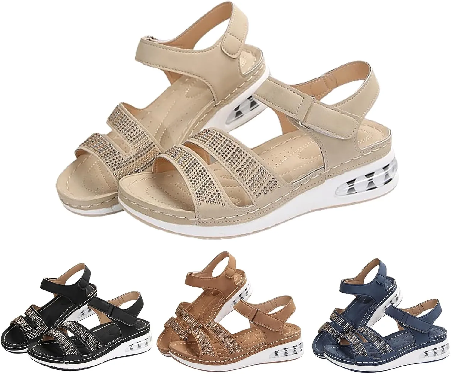 Summer Wedge Sandals for Women Dressy Casual Orthopedic Non Slip Sandals Fashion Rhinestone Bling Comfortable Walking Sandal for Summer and Daily Wear