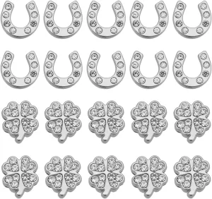 SUNNYCLUE 1 Box 40Pcs Rhinestone Slide Charm Bulk Four Leaf Clover Charms Metal Alloy Silver Crystal Horseshoe Full Rhinestones Glitter Art 3D Decor Charm Bead for Jewelry Making DIY Crafts Supplies