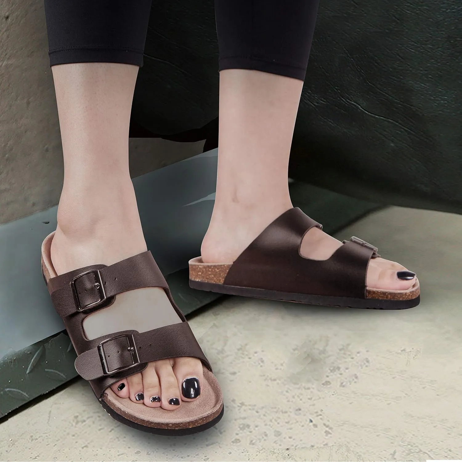 TF STAR Women 2-Strap Adjustable Buckle, Flat Casual Cork Slide Sandals,Slide Cork Footbed Sandals for Women
