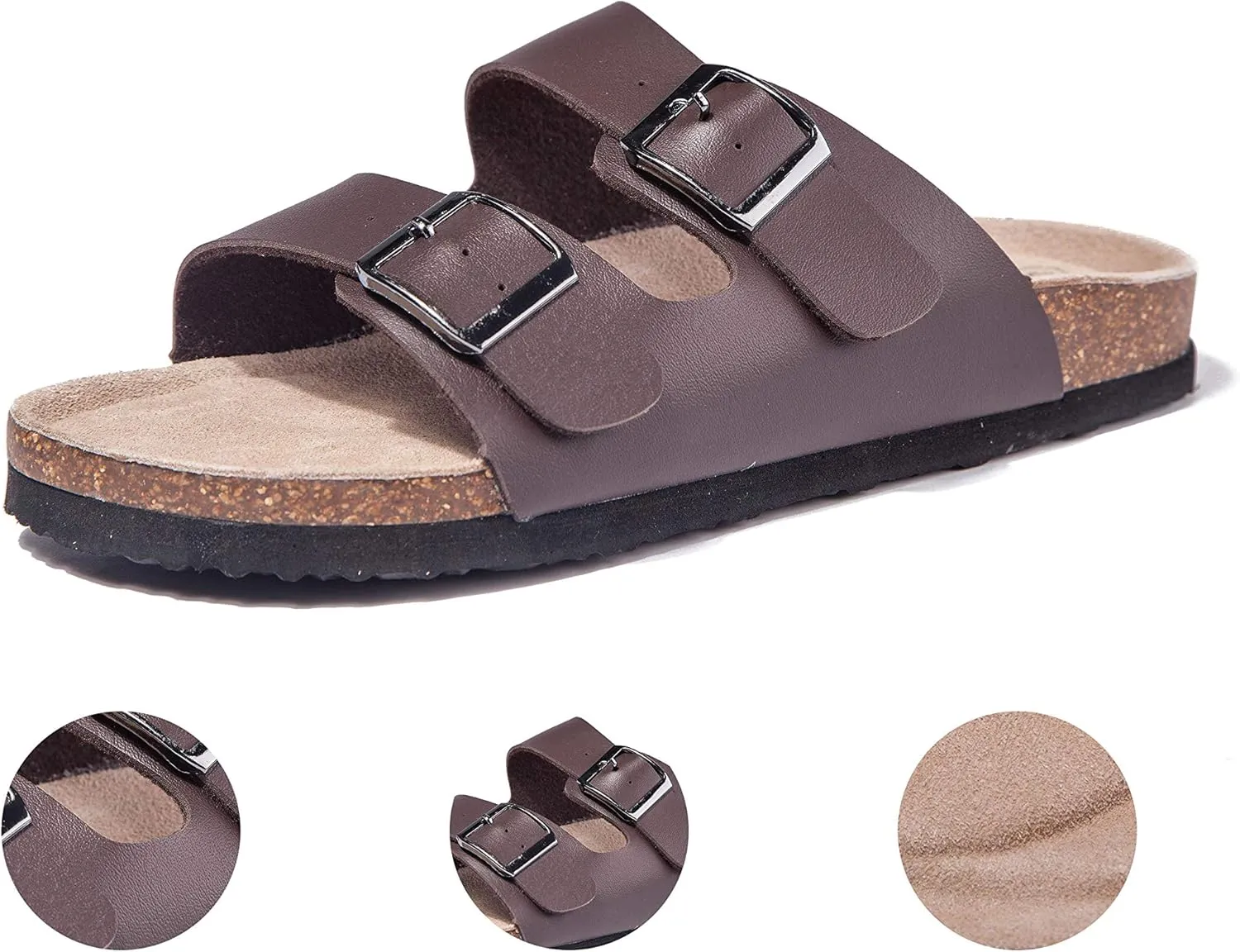TF STAR Women 2-Strap Adjustable Buckle, Flat Casual Cork Slide Sandals,Slide Cork Footbed Sandals for Women