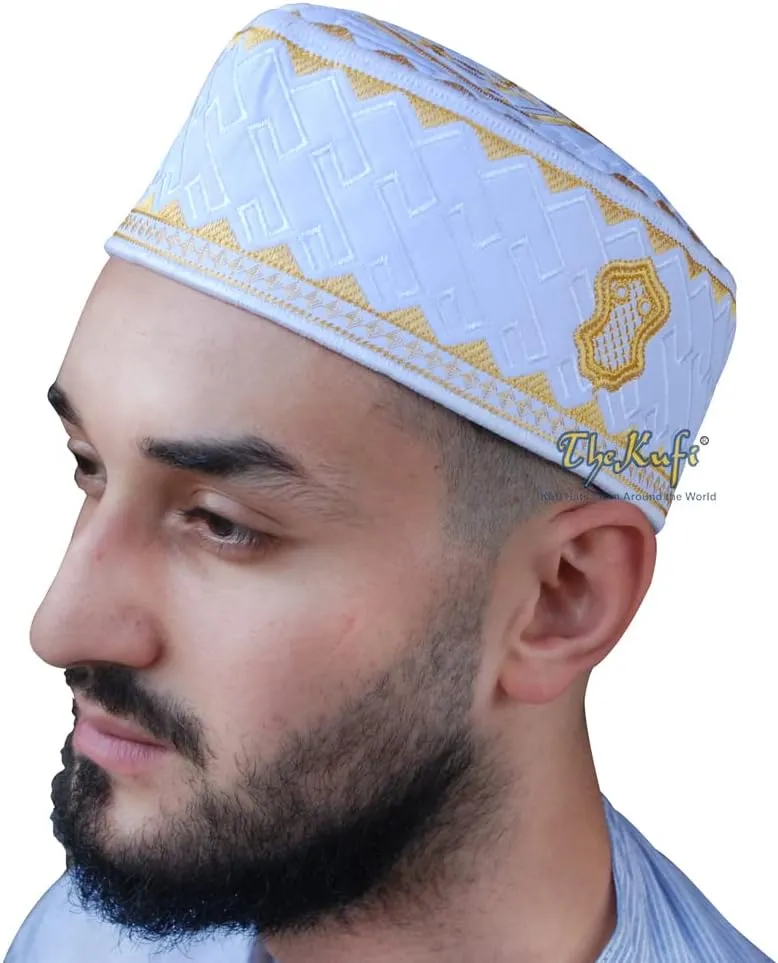 TheKufi® Textured White and Golden Embroidered Sandal Kufi Crown Cap Muslim Hat
