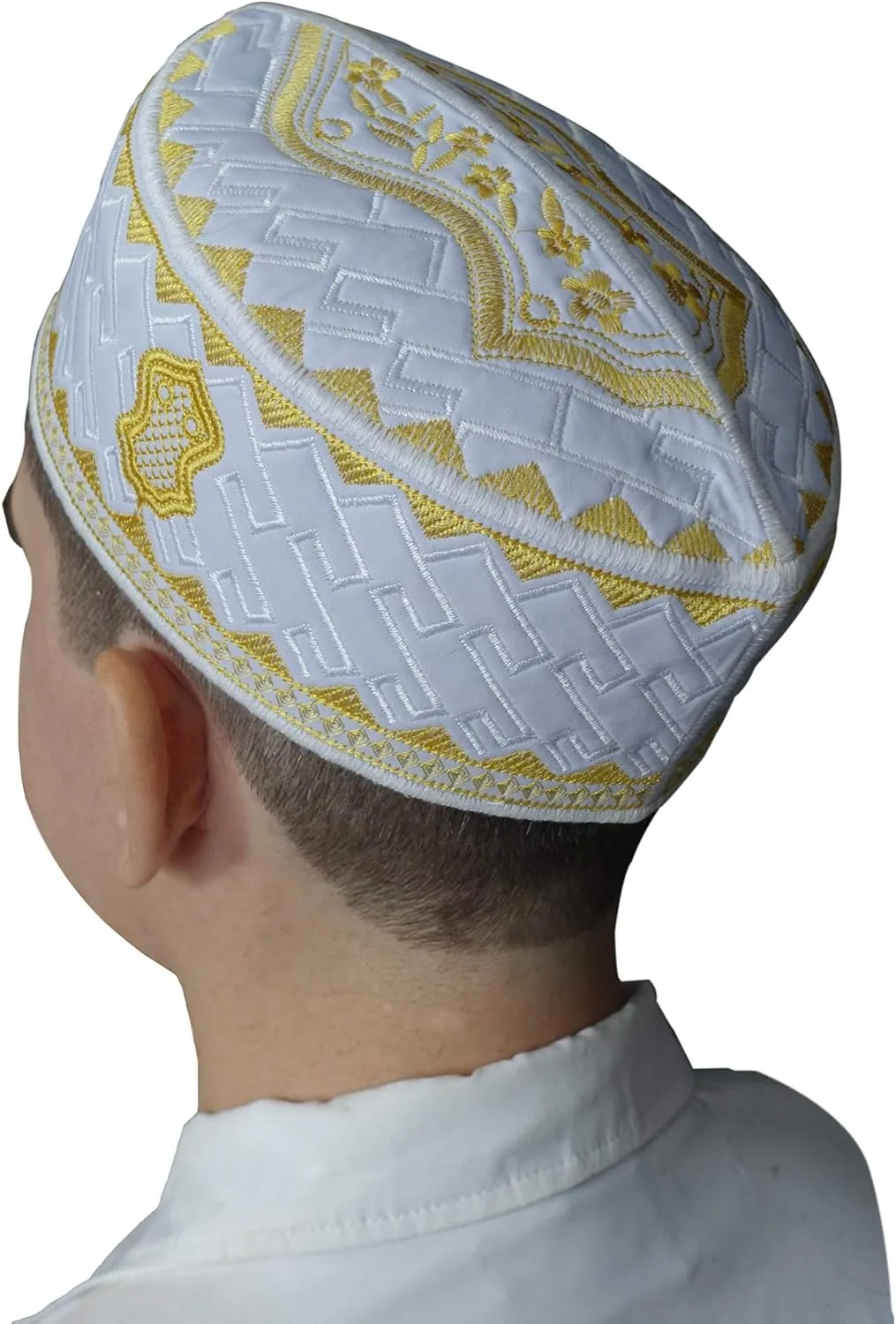 TheKufi® Textured White and Golden Embroidered Sandal Kufi Crown Cap Muslim Hat