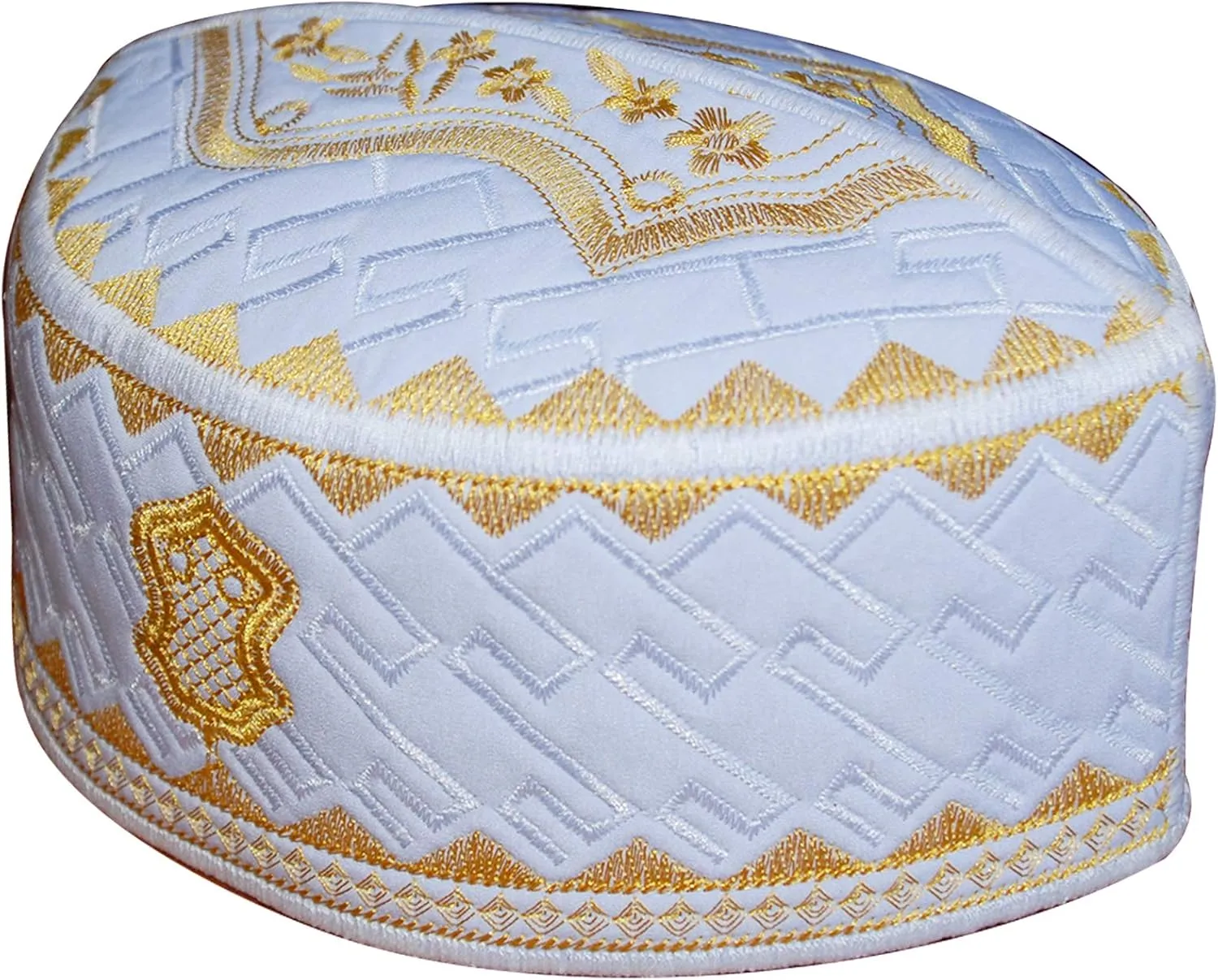 TheKufi® Textured White and Golden Embroidered Sandal Kufi Crown Cap Muslim Hat