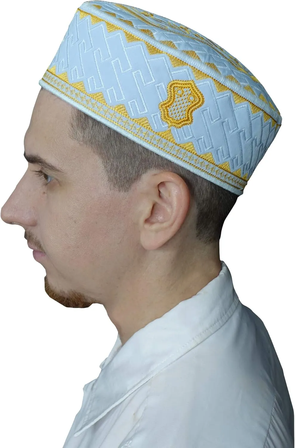 TheKufi® Textured White and Golden Embroidered Sandal Kufi Crown Cap Muslim Hat